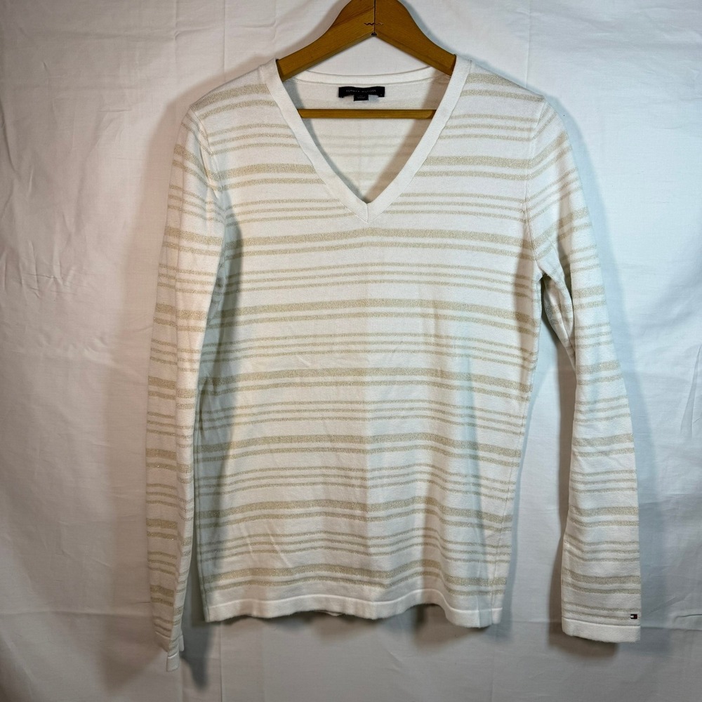 Tommy Hilfiger Womens Size M V-Neck Sweater Sparkle‎ Stripe Long Sleeve Top